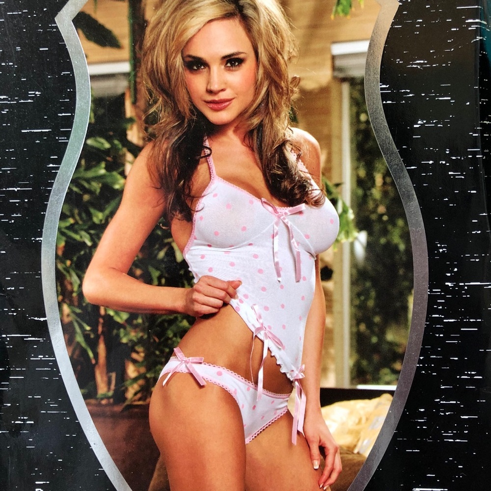 Pink white polka dot cami panty set lingerie OS